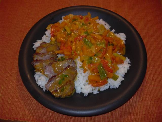 Kuerbiscurry mit Paprika und Entenbrust
